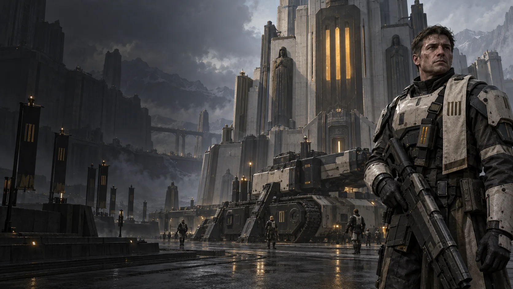 Konsortium soldier and fortified city in concept art